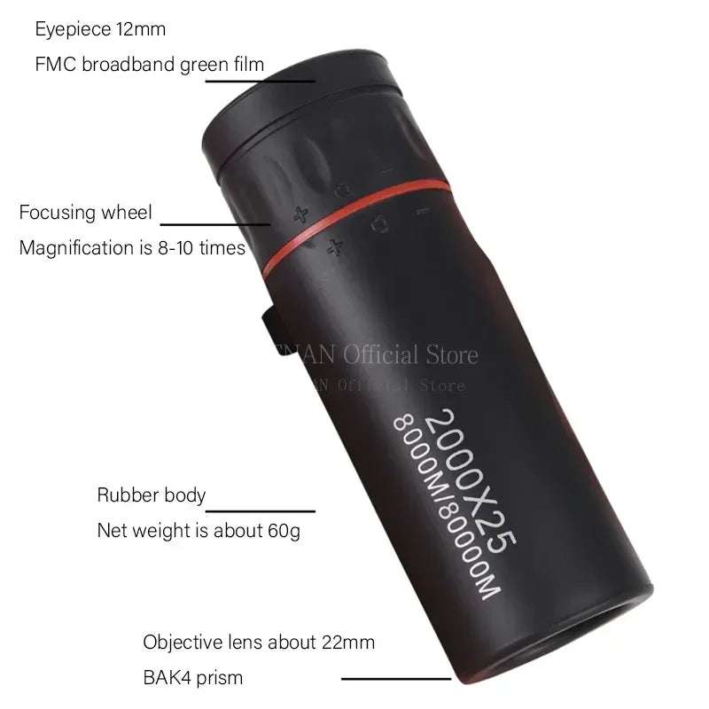 2025 2000X25 HD Monocular Telescope, Compact Portable for Travel, Hiking, Fishing, Camping, Stargazing, Concerts & Bird Watching