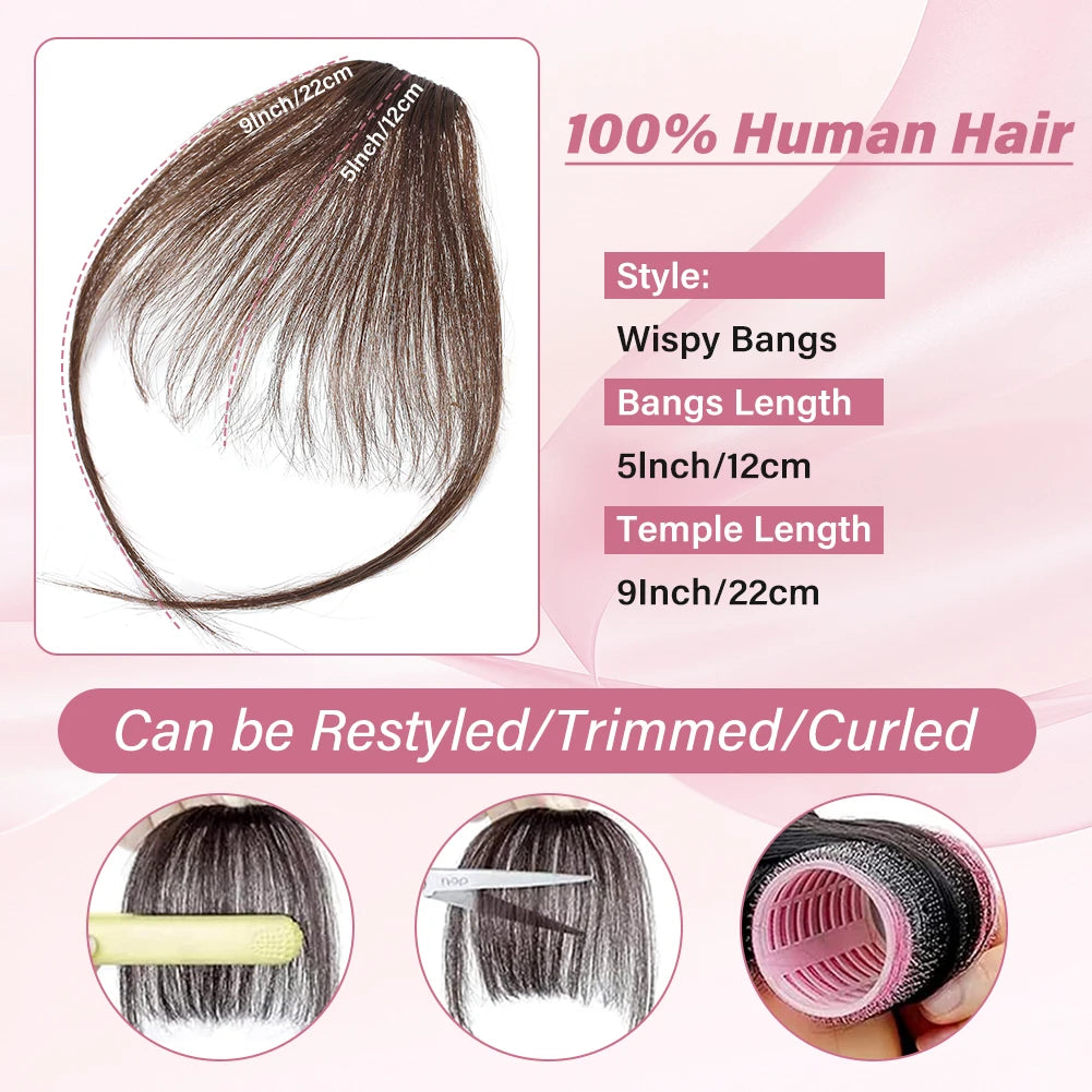 100% Real Human Straight Hair 3D Bangs Side Fringe For Women Natural-Looking Wispy Hair Clip-In Extensions